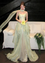 Gentle Light Green A-Line Strapless Layered Ruffled Tulle Train Formal Prom Dresses
