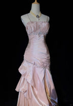 Sweet Spaghetti Straps Mermaid Formal Evening Dresses Pink Satin Layered Pleated Formal Prom Dresses With Beading