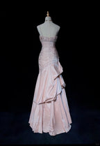 Sweet Spaghetti Straps Mermaid Formal Evening Dresses Pink Satin Layered Pleated Formal Prom Dresses With Beading