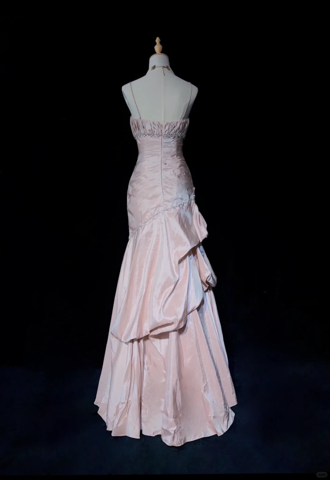 Sweet Spaghetti Straps Mermaid Formal Evening Dresses Pink Satin Layered Pleated Formal Prom Dresses With Beading
