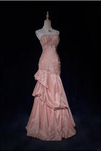 Sweet Spaghetti Straps Mermaid Formal Evening Dresses Pink Satin Layered Pleated Formal Prom Dresses With Beading