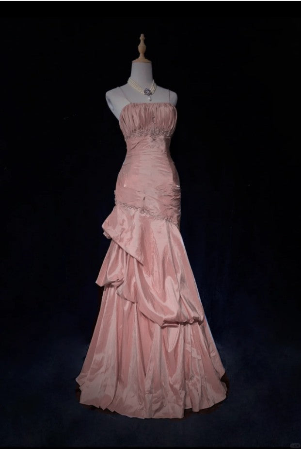 Sweet Spaghetti Straps Mermaid Formal Evening Dresses Pink Satin Layered Pleated Formal Prom Dresses With Beading