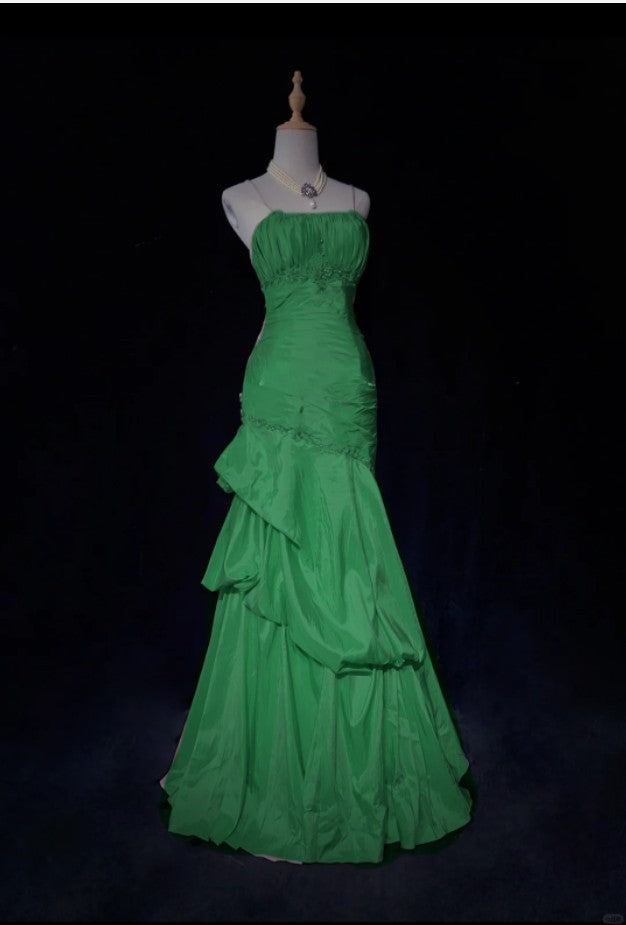 Sweet Spaghetti Straps Mermaid Formal Evening Dresses Pink Satin Layered Pleated Formal Prom Dresses With Beading