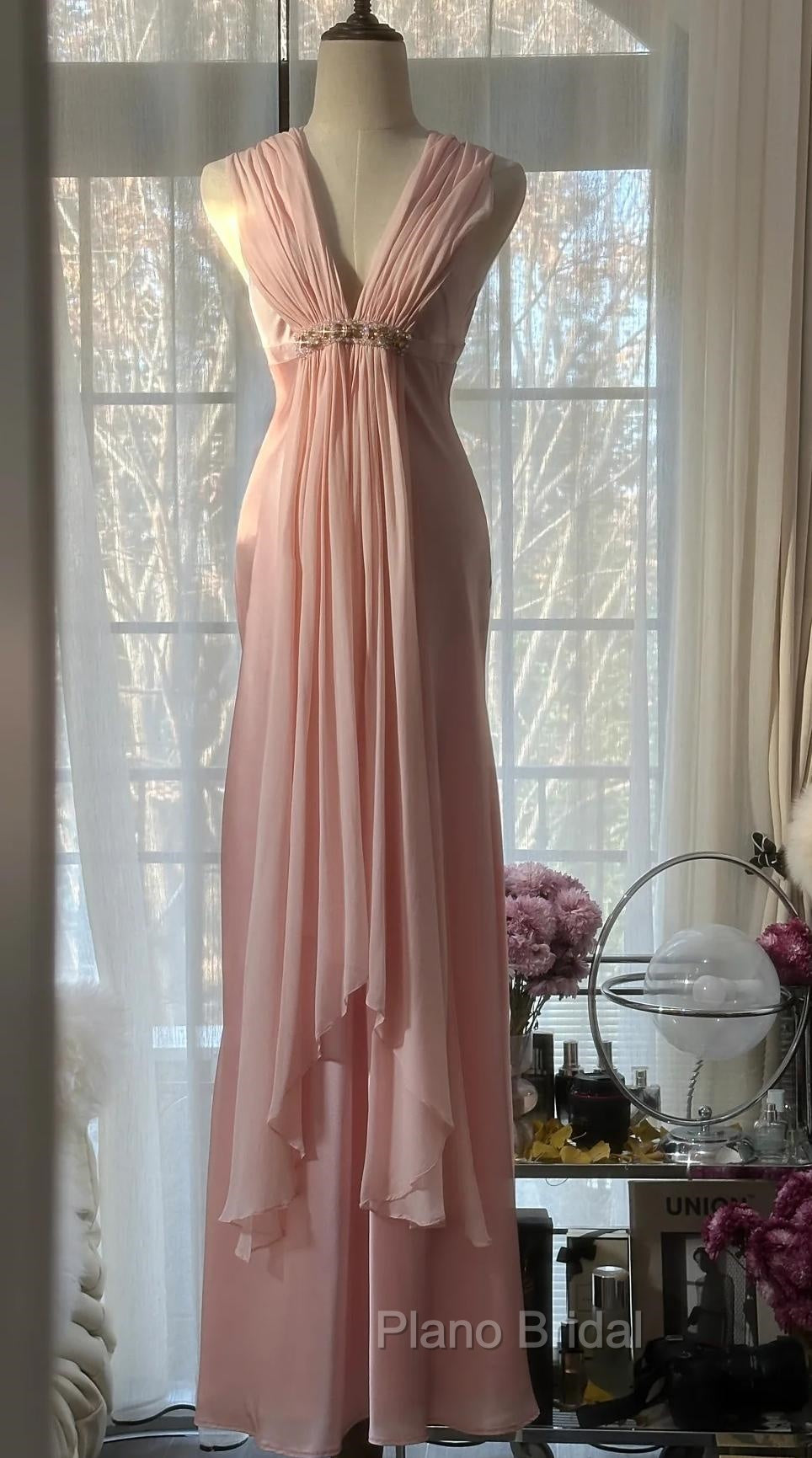 Gentle Pink Sheath Chiffon Ribbon V-Neck Simple Formal Prom Dresses