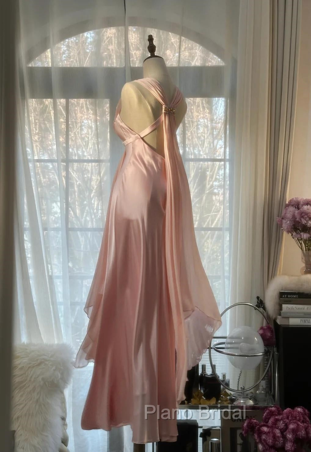 Gentle Pink Sheath Chiffon Ribbon V-Neck Simple Formal Prom Dresses