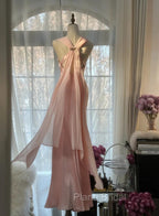 Gentle Pink Sheath Chiffon Ribbon V-Neck Simple Formal Prom Dresses
