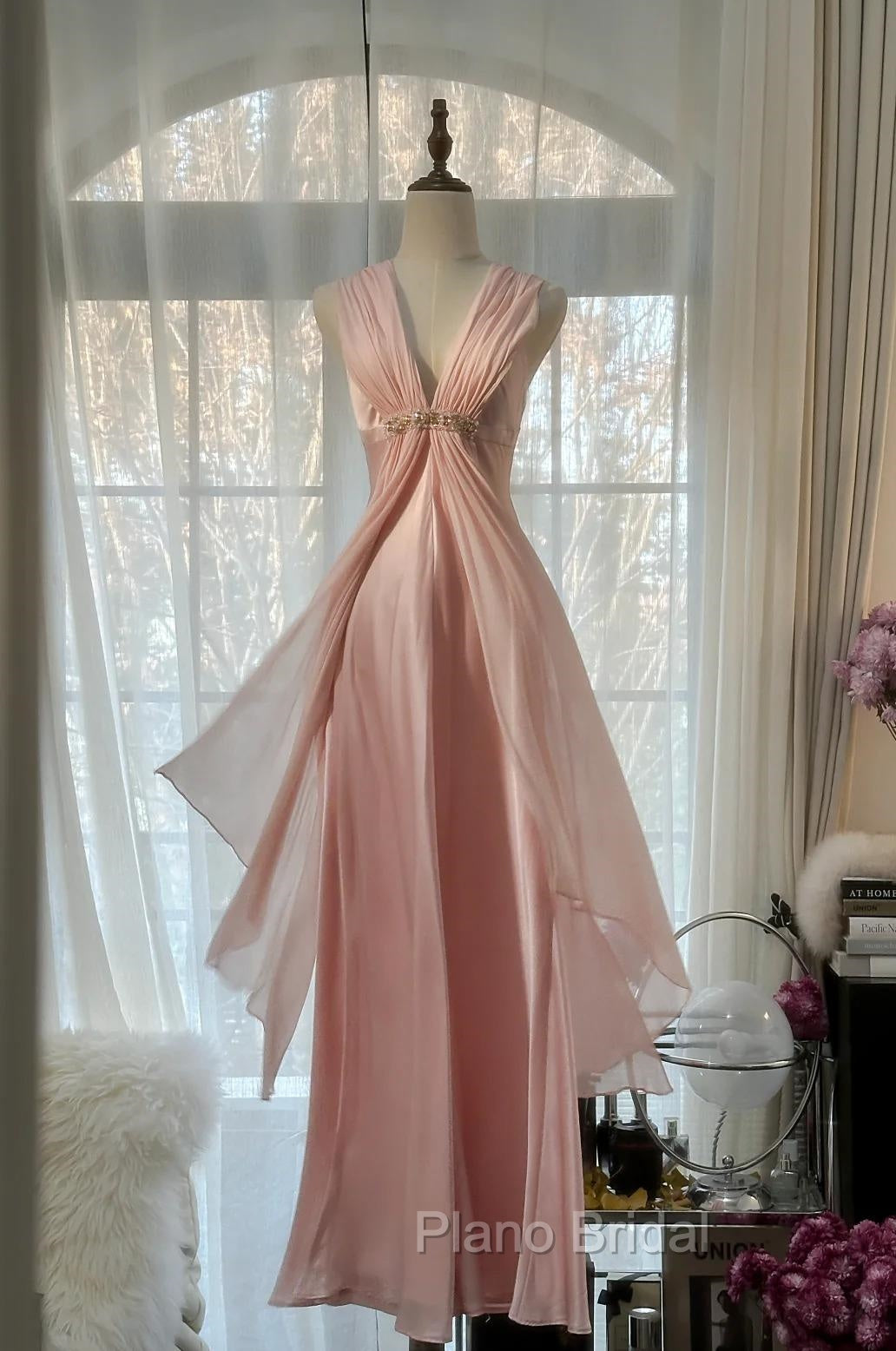 Gentle Pink Sheath Chiffon Ribbon V-Neck Simple Formal Prom Dresses