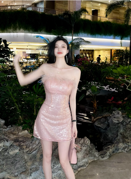 Gentle Pink Short Birthday Dresses Tube Top Shimmering Homecoming Dresses Main image