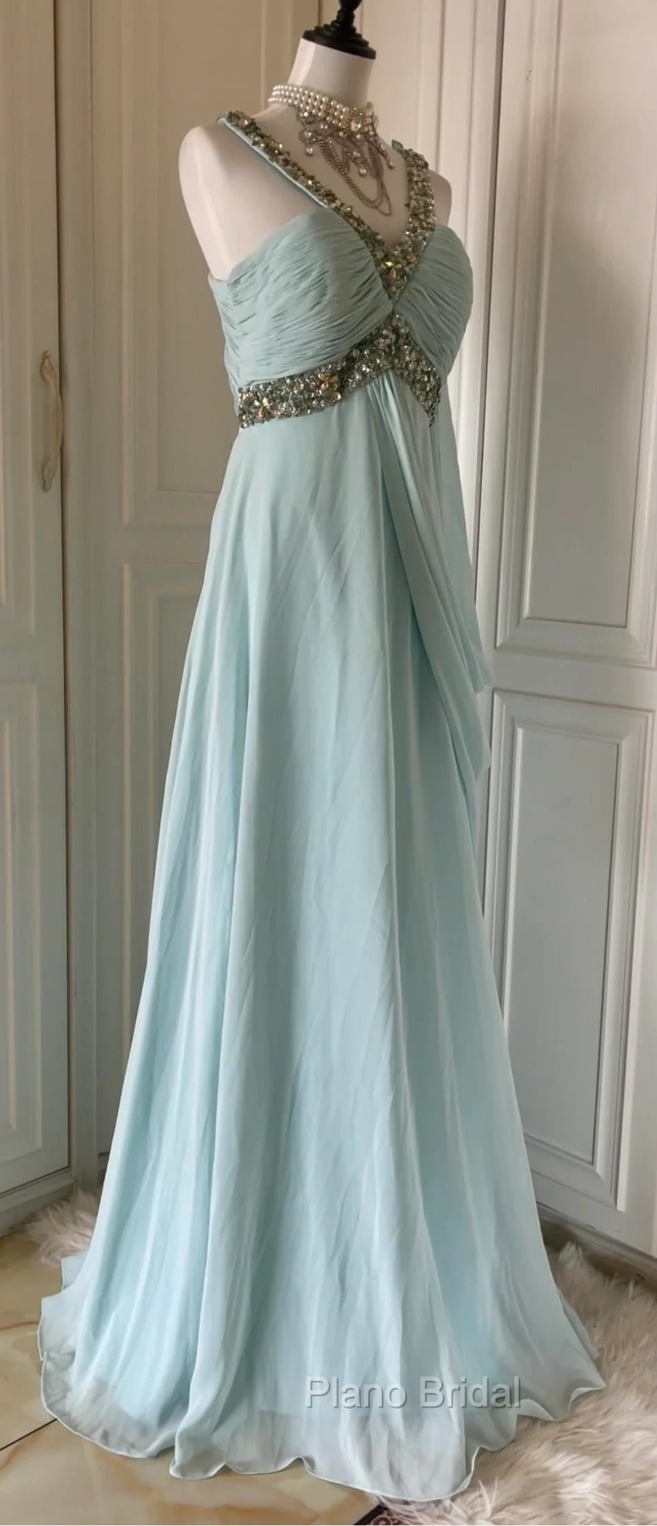 Gentle Tiffany Blue Chiffon V-Neck Beaded Sequin A-Line Long Formal Prom Dresses Wedding Evening Dresses Secondary image