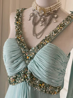 Gentle Tiffany Blue Chiffon V-Neck Beaded Sequin A-Line Long Formal Prom Dresses Wedding Evening Dresses
