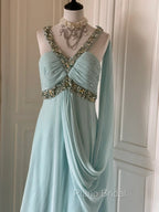 Gentle Tiffany Blue Chiffon V-Neck Beaded Sequin A-Line Long Formal Prom Dresses Wedding Evening Dresses