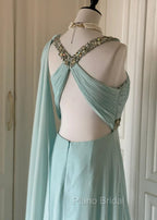 Gentle Tiffany Blue Chiffon V-Neck Beaded Sequin A-Line Long Formal Prom Dresses Wedding Evening Dresses
