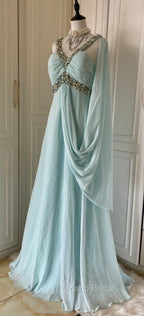 Gentle Tiffany Blue Chiffon V-Neck Beaded Sequin A-Line Long Formal Prom Dresses Wedding Evening Dresses