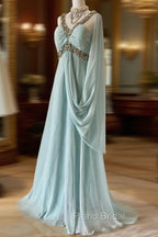Gentle Tiffany Blue Chiffon V-Neck Beaded Sequin A-Line Long Formal Prom Dresses Wedding Evening Dresses