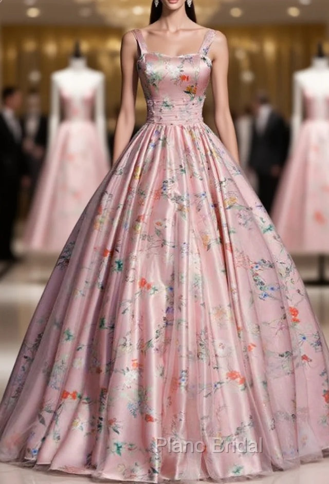 Get a Formal Prom-Ready Look Pink Satin Ball Gown Print Straps Long Quinceanera Dresses Main image