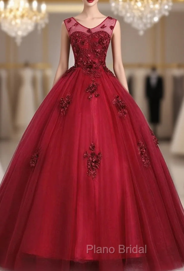 Get Your Discounts Burgundy Ball Gown Tulle Appliques V-neck Quinceanera Dresses Main image