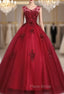 Get Your Discounts Burgundy Ball Gown Tulle Appliques V-neck Quinceanera Dresses