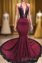 Burgundy Halter Deep V Neck Mermaid Formal Prom Dresses with Lace, Long Evening Gown