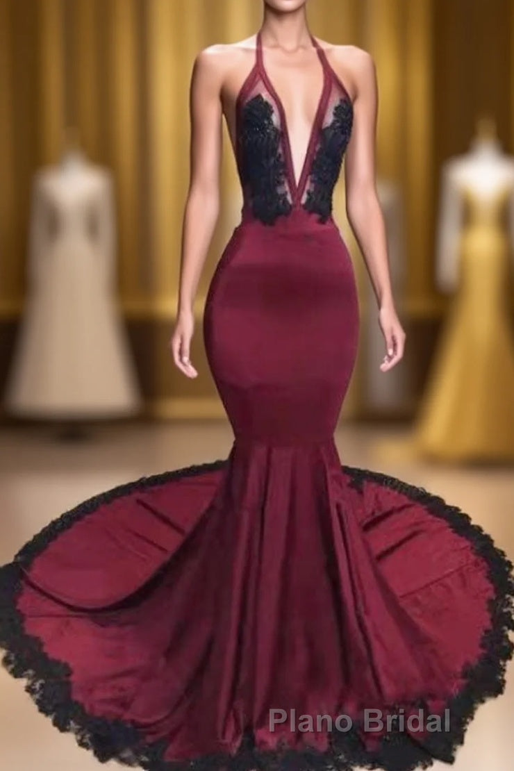 Burgundy Halter Deep V Neck Mermaid Formal Prom Dresses with Lace, Long Evening Gown