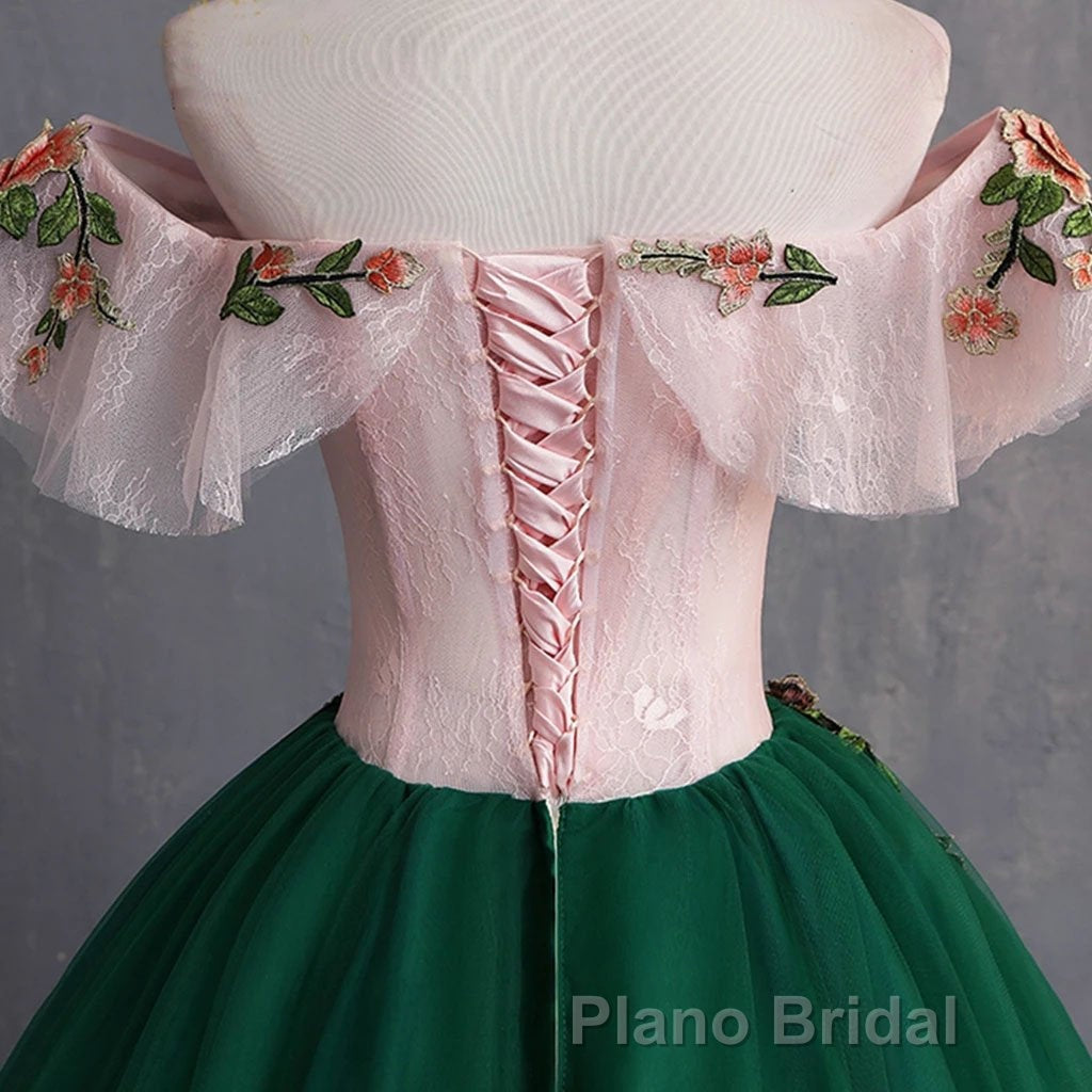 Green Off the Shoulder Floor Length Formal Prom Dresses with Appliques, Puffy Quinceanera Dresses