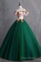 Green Off the Shoulder Floor Length Formal Prom Dresses with Appliques, Puffy Quinceanera Dresses
