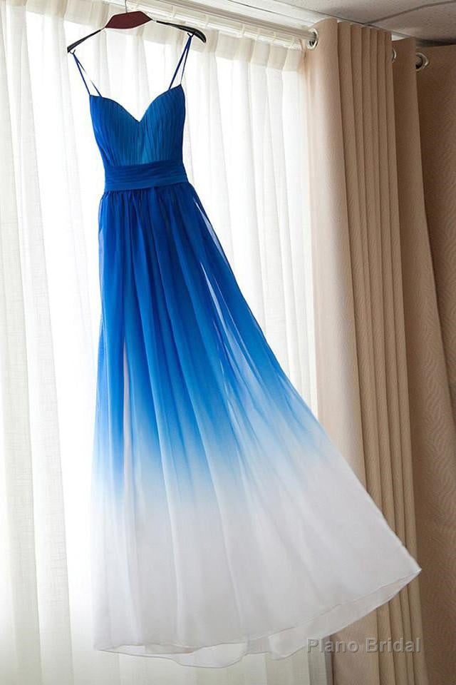 Spaghetti Strap Royal Blue Ombre Bridesmaid Dresses, Chiffon Prom Dress, A Line Bridesmaid Gown