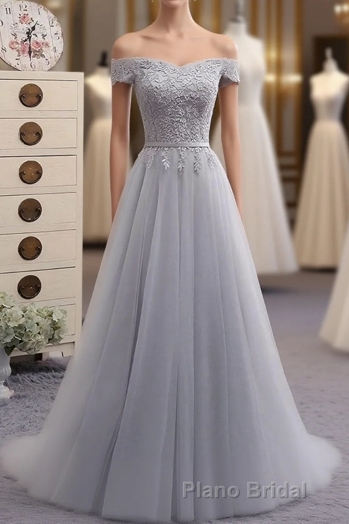 Gray A Line Lace Off Shoulder Formal Prom Dresses, Lace Evening Dresses Main image