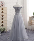 Gray A Line Lace Off Shoulder Formal Prom Dresses, Lace Evening Dresses
