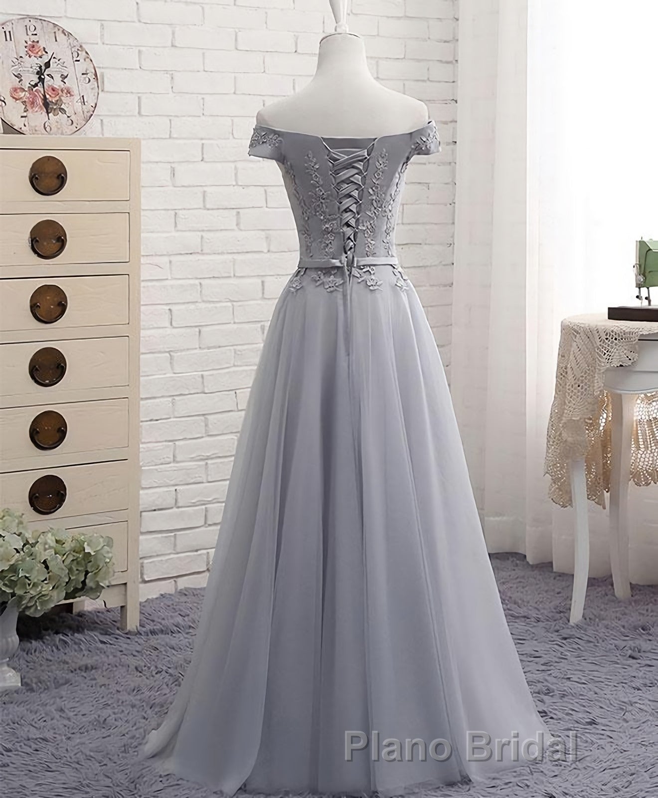 Gray A Line Lace Off Shoulder Formal Prom Dresses, Lace Evening Dresses