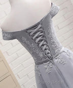 Gray A Line Lace Off Shoulder Formal Prom Dresses, Lace Evening Dresses