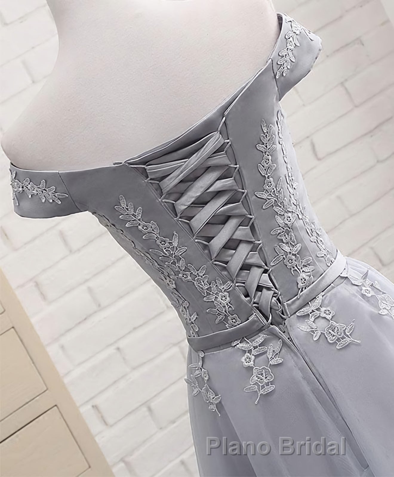 Gray A Line Lace Off Shoulder Formal Prom Dresses, Lace Evening Dresses