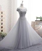 Gray A Line Lace Off Shoulder Formal Prom Dresses, Lace Evening Dresses