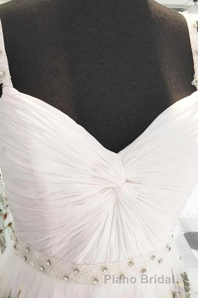 White Straps Floor Length Long Formal Prom Dresses with Lace Flowers Prom Dresses Secondary image