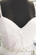 White Straps Floor Length Long Formal Prom Dresses with Lace Flowers Prom Dresses
