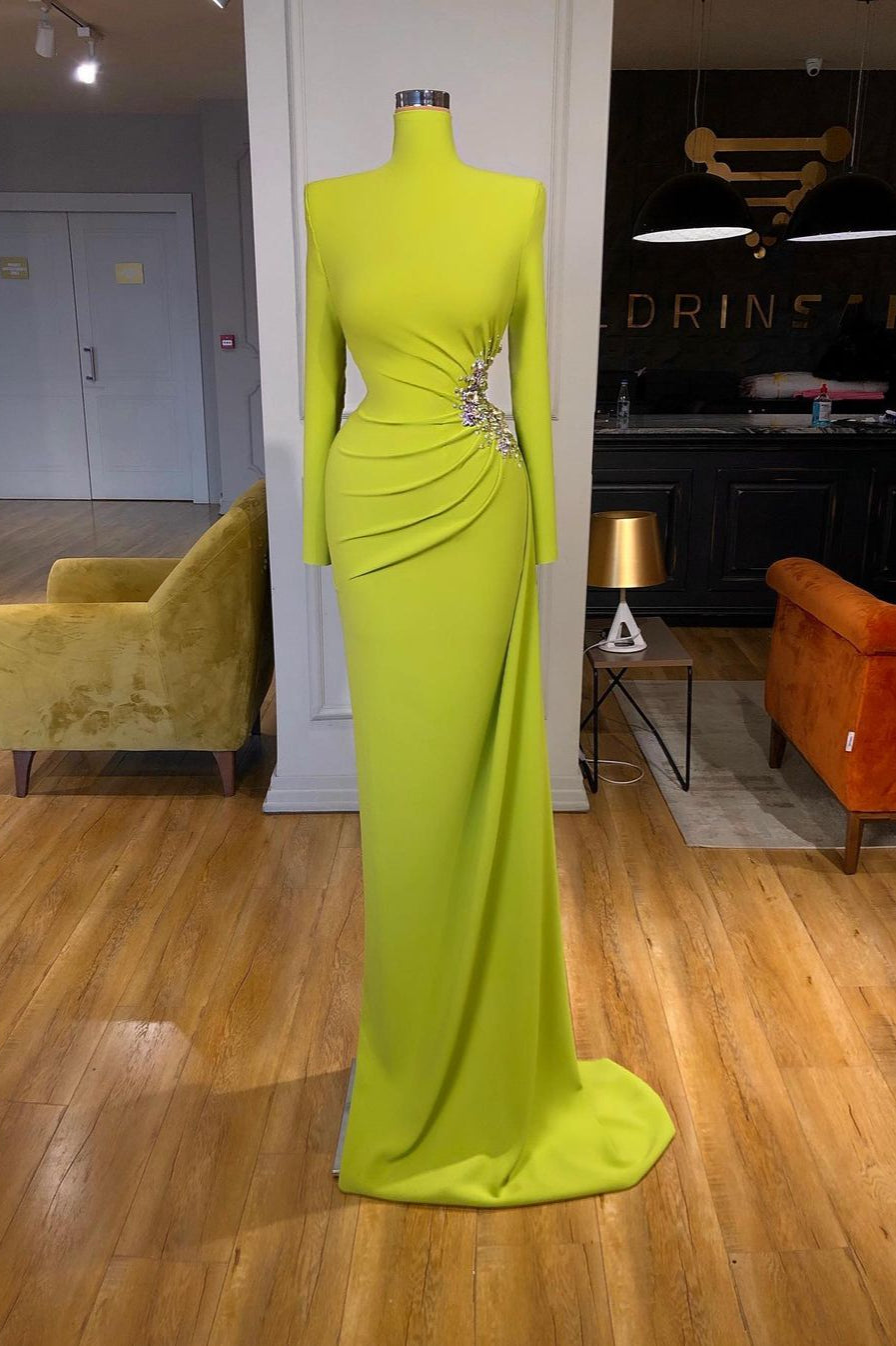 Ginger Yellow High-Neck Long-Sleeves Metallic Beaded Mermaid Prom Dress