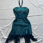 Blue Floral Beaded Short Halter Chiffon Homecoming Dresses Birthday Party Dresses