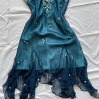 Blue Floral Beaded Short Halter Chiffon Homecoming Dresses Birthday Party Dresses