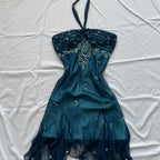 Blue Floral Beaded Short Halter Chiffon Homecoming Dresses Birthday Party Dresses