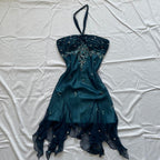 Blue Floral Beaded Short Halter Chiffon Homecoming Dresses Birthday Party Dresses