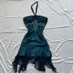 Blue Floral Beaded Short Halter Chiffon Homecoming Dresses Birthday Party Dresses