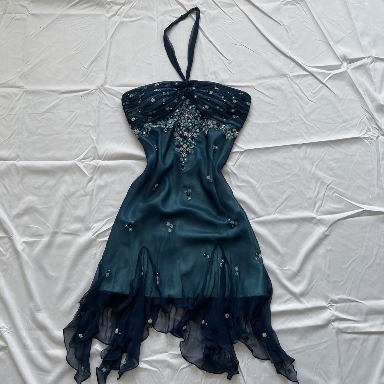 Blue Floral Beaded Short Halter Chiffon Homecoming Dresses Birthday Party Dresses