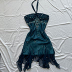 Blue Floral Beaded Short Halter Chiffon Homecoming Dresses Birthday Party Dresses