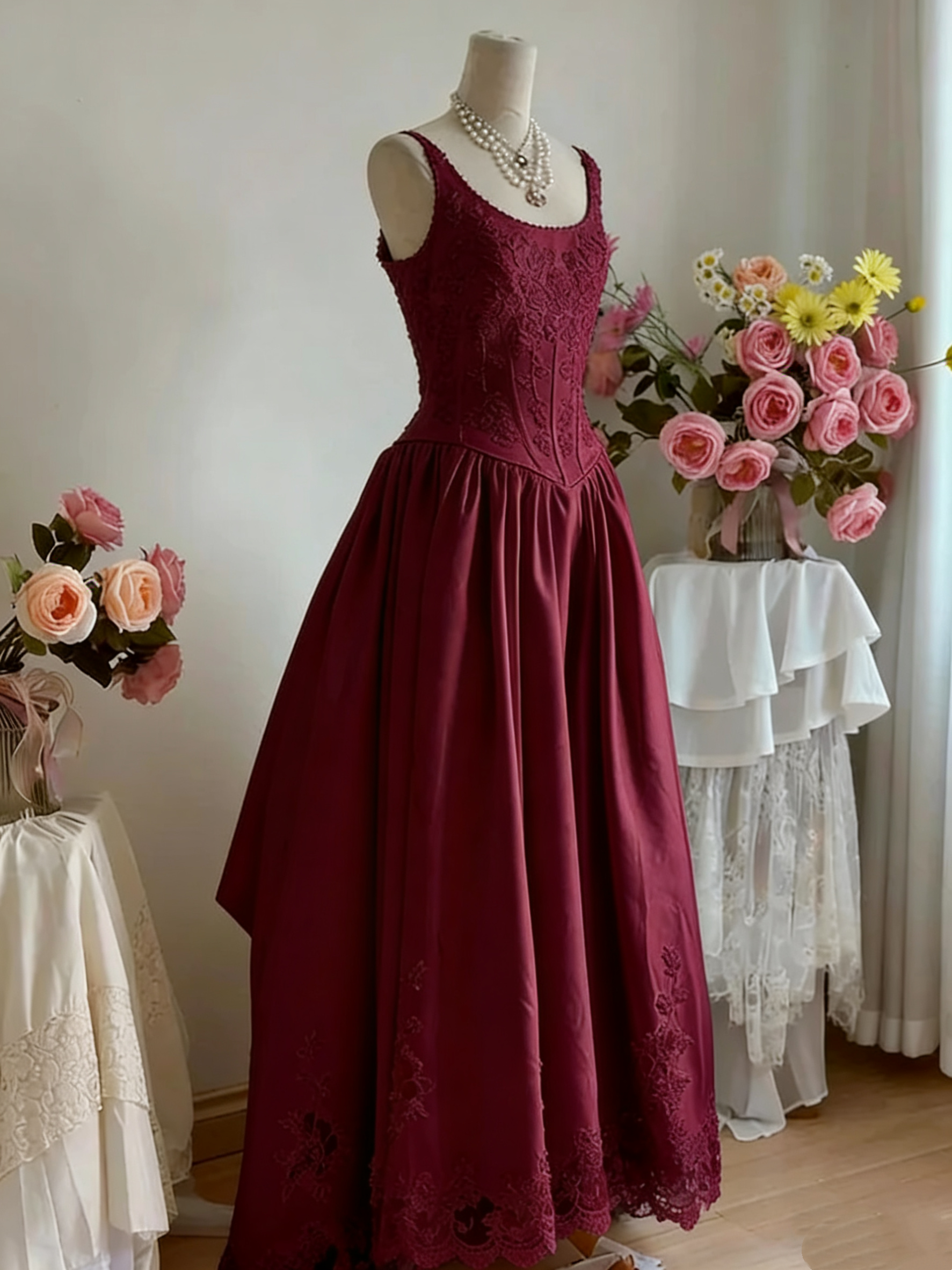 White Lace Retro Elegant Long Satin Dresses Secondary image