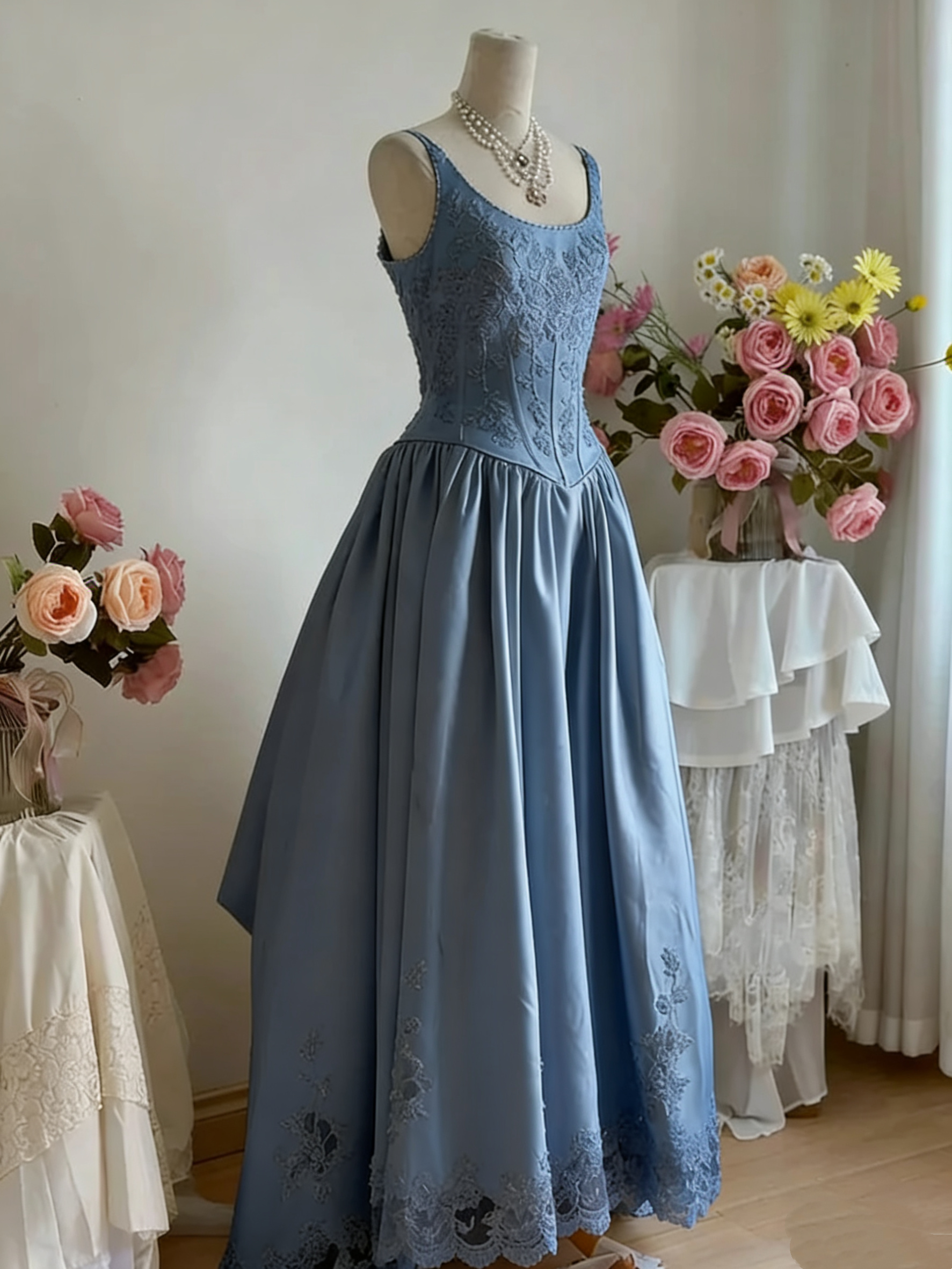 White Lace Retro Elegant Long Satin Dresses