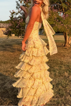 Yellow Floral Long Chiffon Party Dresses Wedding Guest Dresses