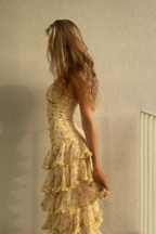 Yellow Floral Long Chiffon Party Dresses Wedding Guest Dresses