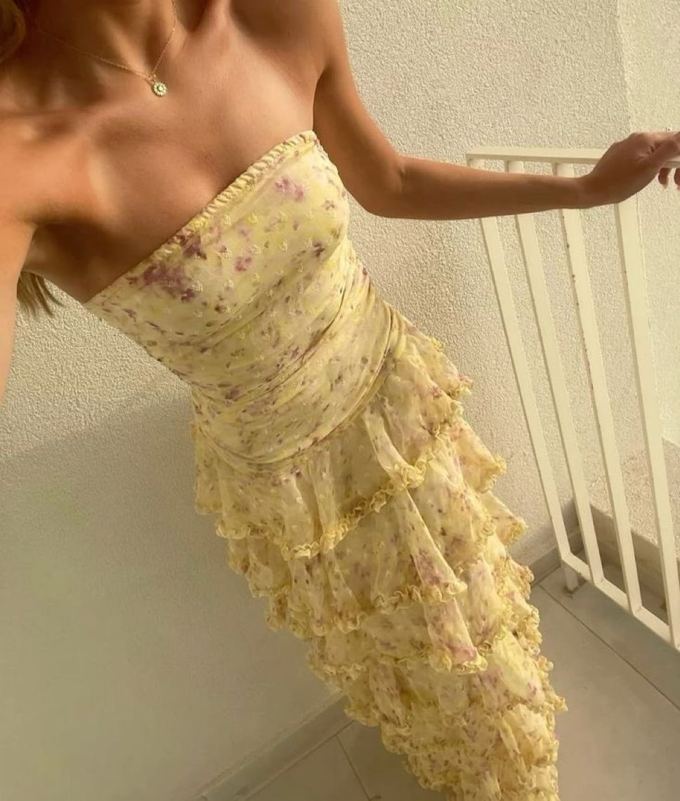 Yellow Floral Long Chiffon Party Dresses Wedding Guest Dresses
