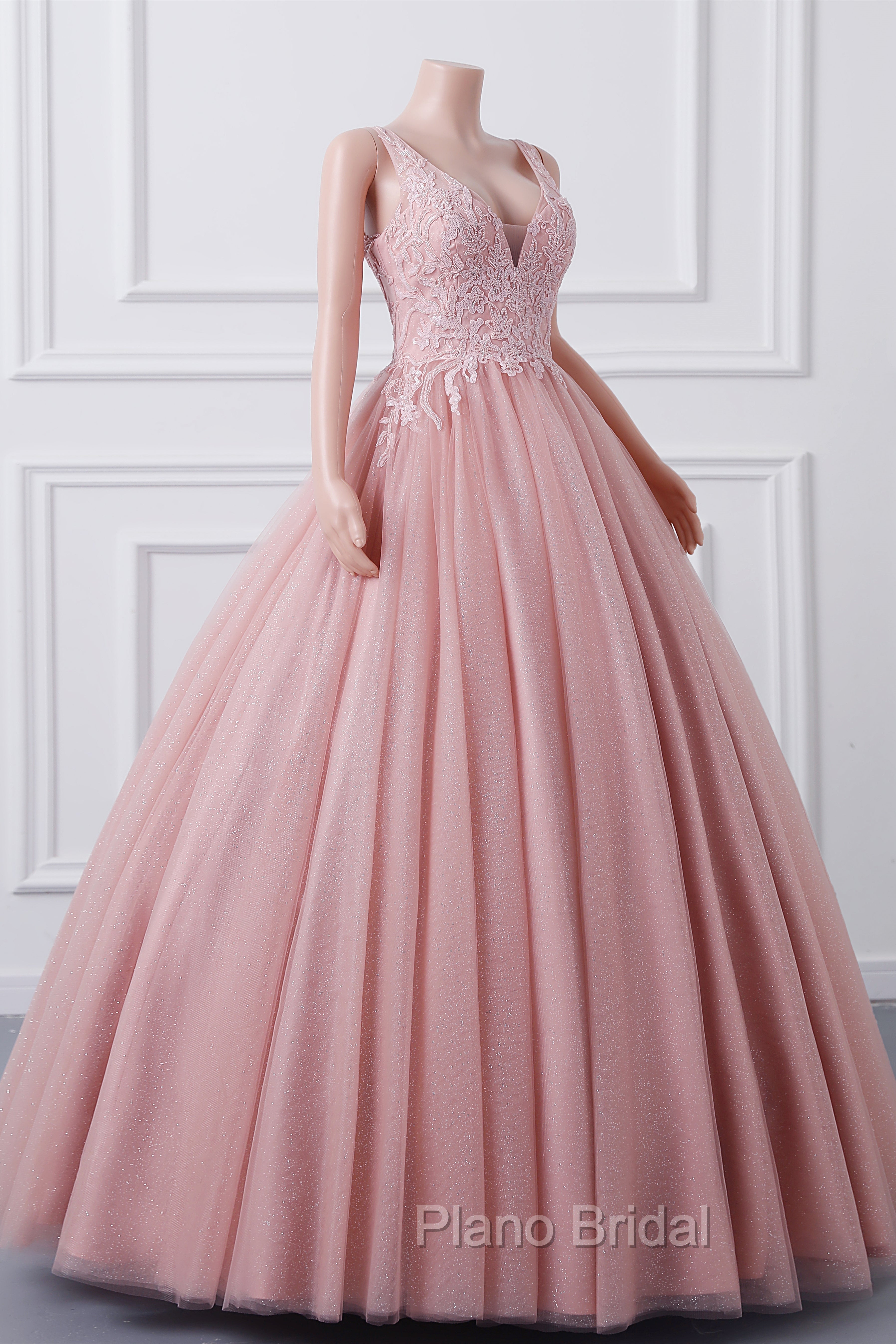 Girls Sequins V neck Dusty Rose Formal Prom Dresses A-line Tulle Ball Gown Quinceanera Dresses Sweet 16 Party Dresses