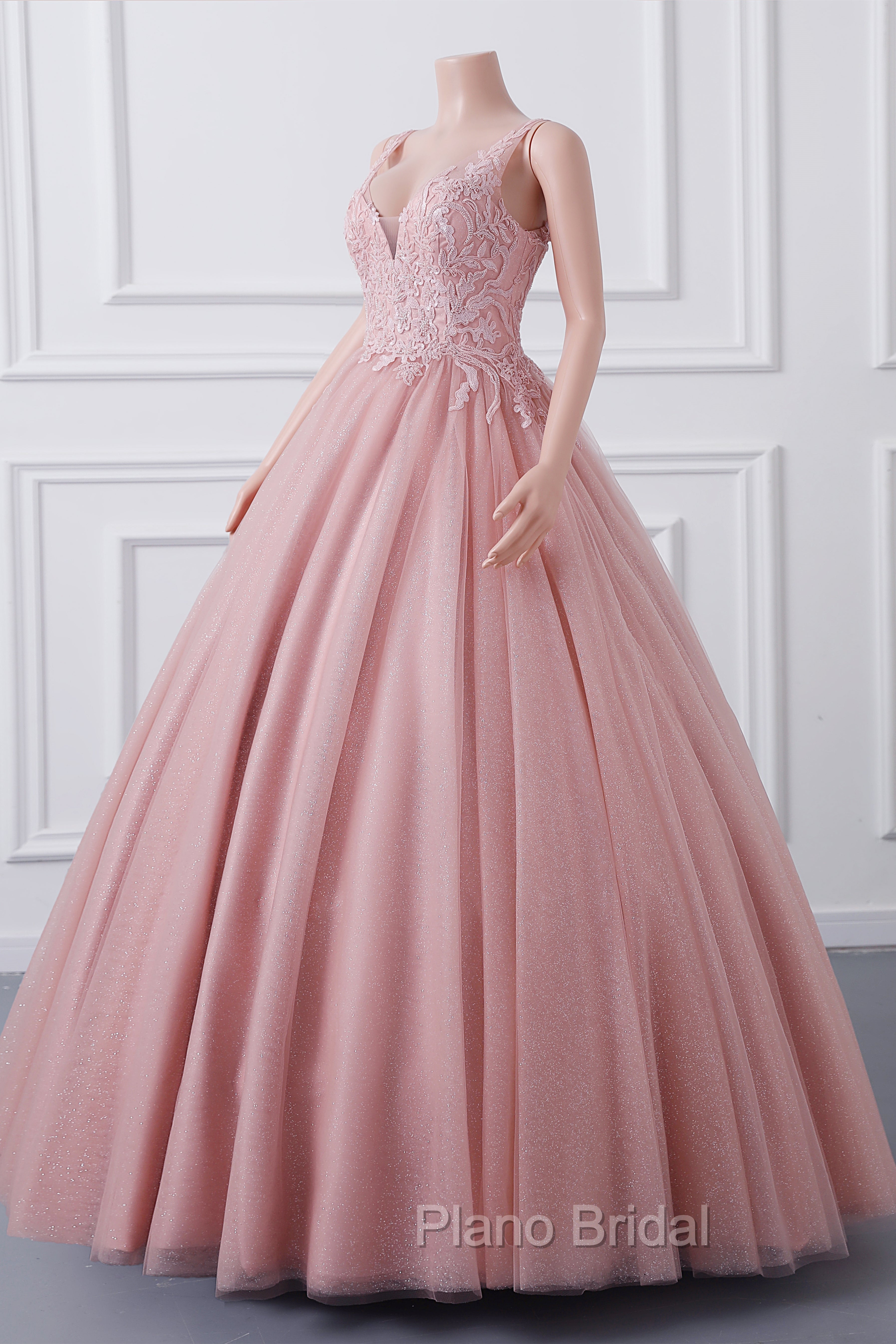 Girls Sequins V neck Dusty Rose Formal Prom Dresses A-line Tulle Ball Gown Quinceanera Dresses Sweet 16 Party Dresses