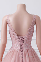 Girls Sequins V neck Dusty Rose Formal Prom Dresses A-line Tulle Ball Gown Quinceanera Dresses Sweet 16 Party Dresses